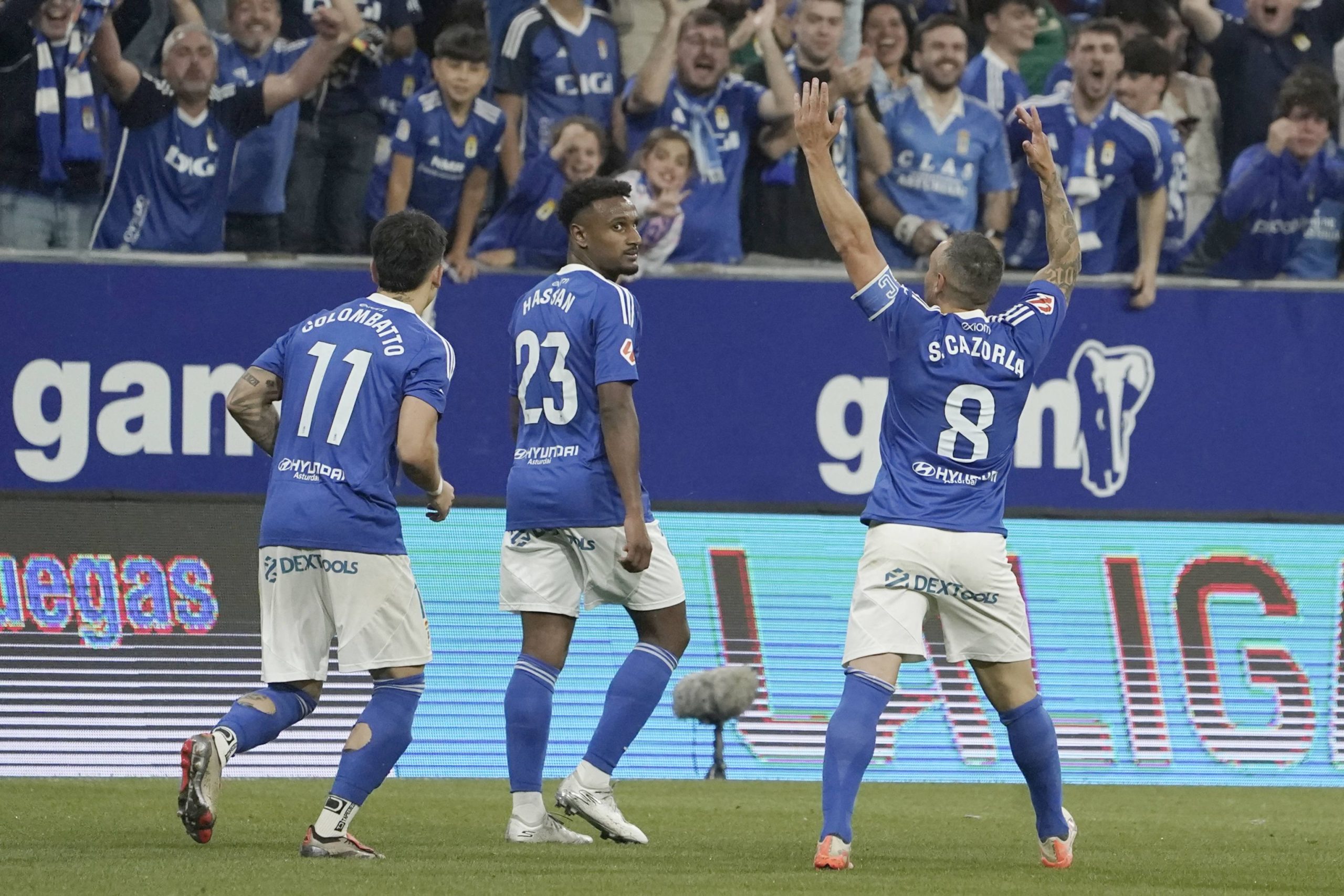 Cazorla celebrates with the Oviedo fans.